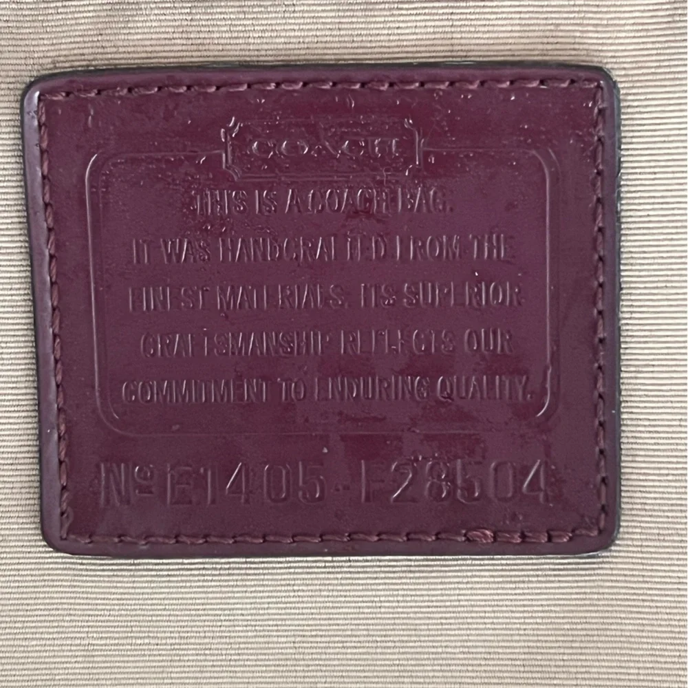 Coach Signature Stripe Khaki Brown Canvas Tote Bag Burgundy Leather Trim F28504